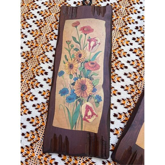 Vintage MCM Wooden Floral Art Plaques - Picture 5 of 9